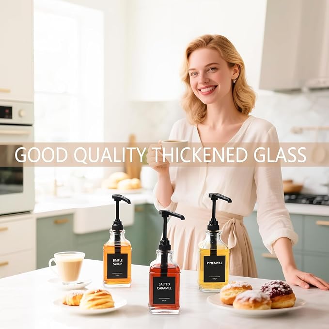 3 Pack 16.9oz (500ml) Glass Coffee Syrup Dispenser with Pump, Syrup Pump Dispenser for Coffee Bar, Coffee Syrup Bottles with Labels - Image 6