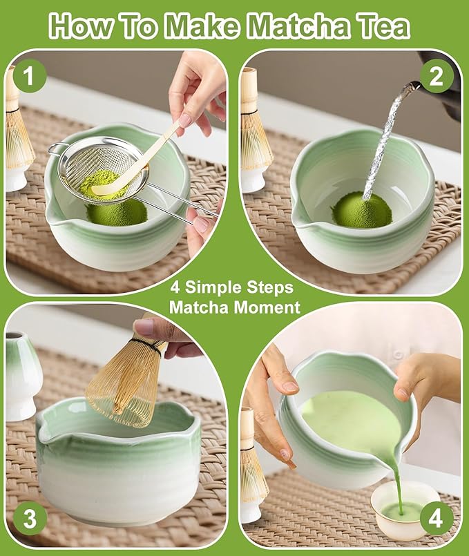 JBER Matcha Whisk Set, Ceramic Matcha Kit Includes Bowl with Spout, Matcha Whisk (Chasen) and Holder, Sifter, Scoop, Spoon & Rest - 7PCS Matcha Set for Matcha Lovers Ceremony, Gradient Light Green