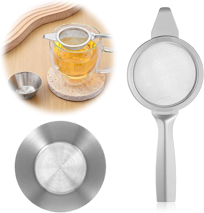 2 Pcs 2.36 Inch Mini Matcha Sifter, 30 Fine Mesh Stainless Steel Tea Strainer Dual-Use Matcha Sifter with Drip Cup for Loose Tea Coffee(silver)