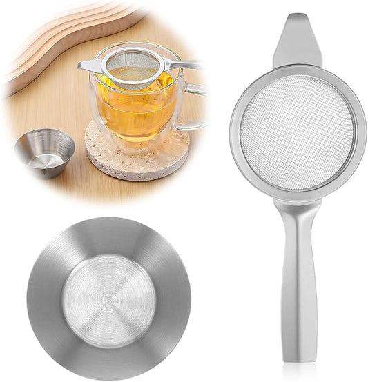2 Pcs 2.36 Inch Mini Matcha Sifter, 30 Fine Mesh Stainless Steel Tea Strainer Dual-Use Matcha Sifter with Drip Cup for Loose Tea Coffee(silver)