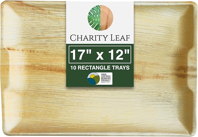 Charity Leaf Disposable Palm Leaf 17" x 12" Rectangle Trays (10 Pieces) Bamboo Like Serving Platters, Disposable Boards, Eco-Friendly Dinnerware for Weddings, Catering, Events