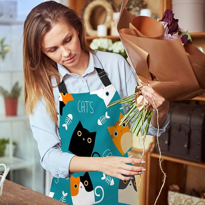 Cute Cats with Fish Bone Kitchen Apron for Women Men, Adjustable Apron Chef Bakers Apron Cooking Apron Cooking Baking Gardening - Image 6