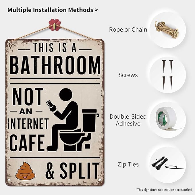 Vintage Metal Tin Sign 8X12inch-This Is A Bathroom Not An Internet Cafe & Split Wall Art Decor For Home Farmhouse Washroom Bathroom Gift
