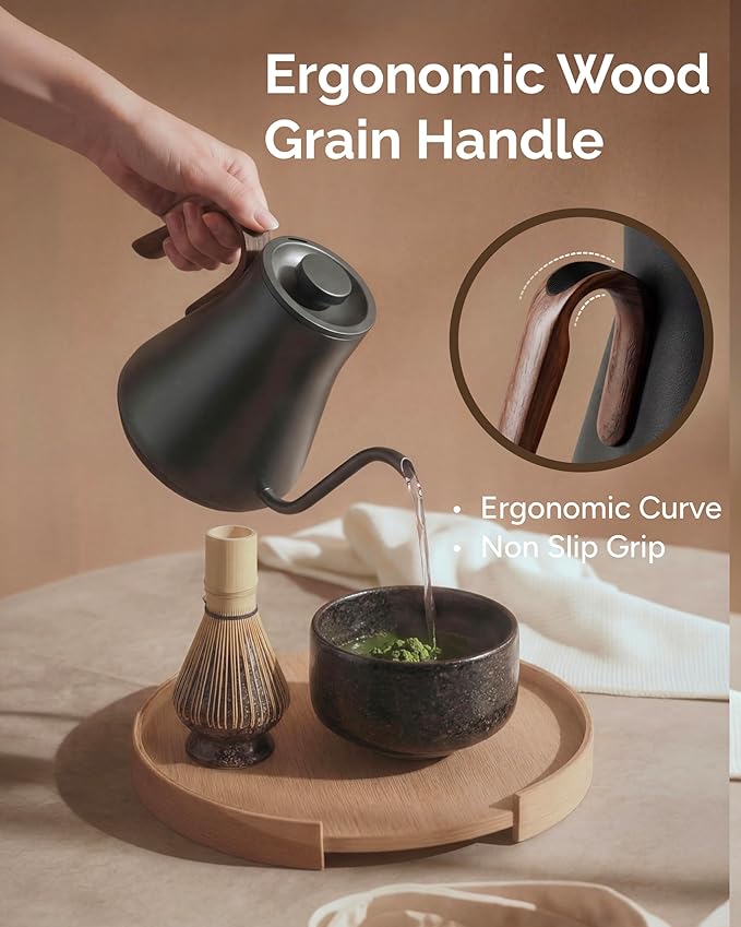 Gooseneck Electric Kettle with Precise ±1℉ Temperature Control, Wood-Accented Handle, Stainless Steel Interior, Quick Heating Pour Over Kettle for Coffee & Tea, 0.9L, Matte Grey
