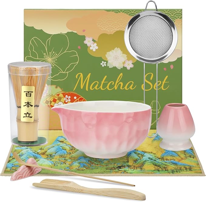 8PCS Matcha Whisk Set, Ceramic Matcha Kit Set Includes Bowl with Spout, Bamboo Spoon, Whisk, Holder, Sifter, Tea Cloth, Scoop and Scoop Stand (Hammered Gradient Pink and White)