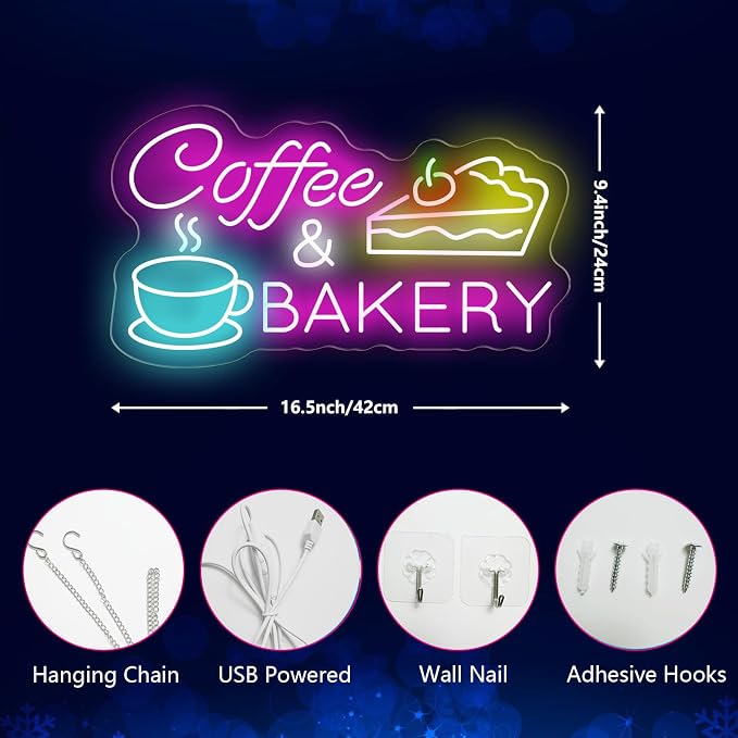 Coffee & Bakery Neon Sign Large Open Cake Bakery And Coffee Shop Led Sign for Wall Decor Neon Business Wall Art Light for Front Door/Wall Decoration - Image 5