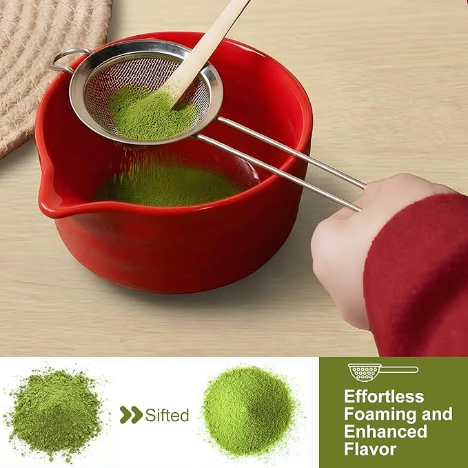 YOLIFE 7 Pcs Matcha Whisk Set, Includes Matcha Bowl with Spout, Bamboo Whisk (Chasen) with Ceramic Holder, Scoop and Powder Spoon, Sifter, Matcha Kit for Ceremony (Red)