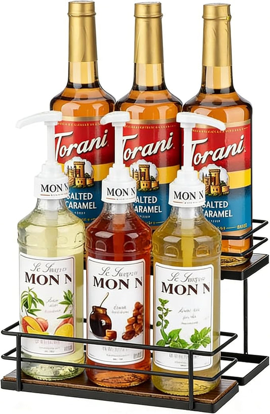 Coffee Syrup Organizer rack, 2 Tier Syrup Holder(6 Bottle Capacity) for coffee bar syrup storage,kitchen condiment organization and wine display.