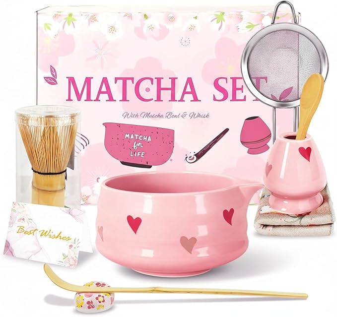 8Pcs Cute Ceramic Matcha Set with Whisk Bowl, Matcha Tea Kit Holder, Bamboo Scoop, Sifter, Towel Included, Valentine's Mother's Day Gift for Matcha Lover Women (Heart Shape Pink)