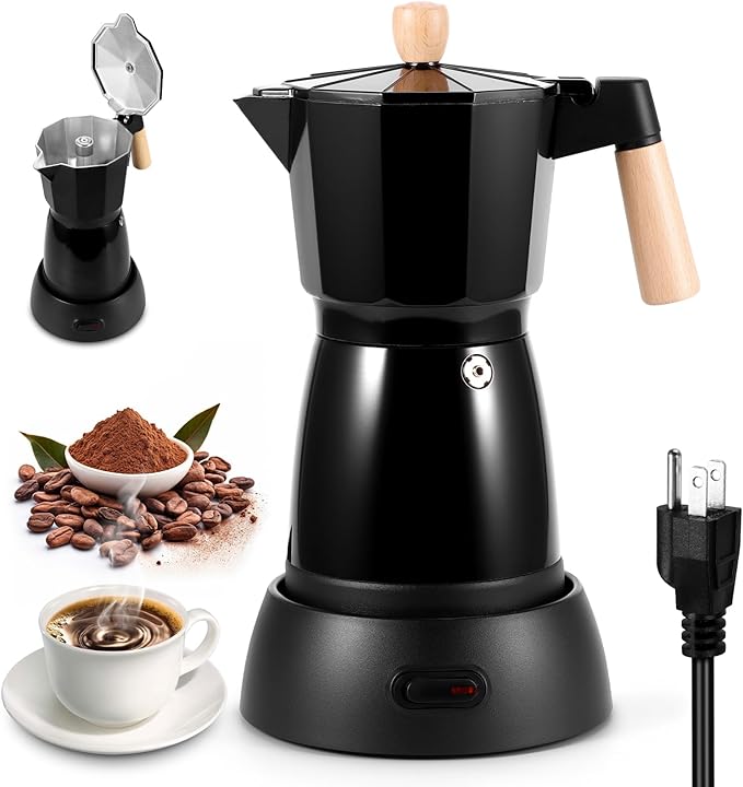 Electric Espresso Coffee Maker, 6 Cup Coffee Pot with Detachable Base Portable Aluminum Italian Moka Maker Electric Moka Pot for Home Cafe Outdoor Office