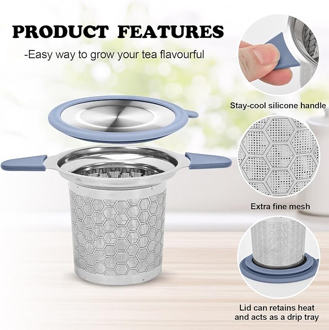 Tea Infuser for Loose Leaf Tea, Extra Fine 304 Stainless Steel Tea Strainer Stepper with Heat-Resistant Silicone Handles and Lid, Large Capacity Tea Basket Filter for Mug, Cup (Silver)
