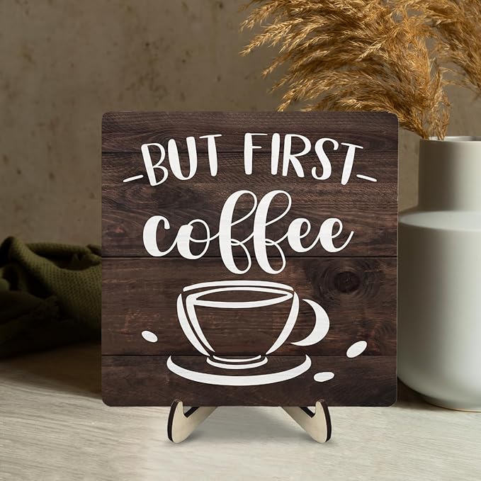 Vintage Coffee Bar Wooden Plaque Desk Sign, Farmhouse Wood Plaque Tabletop Decor for Cafe Bar Kitchen Office,Coffee Station Accessories 5.9x5.9Inch