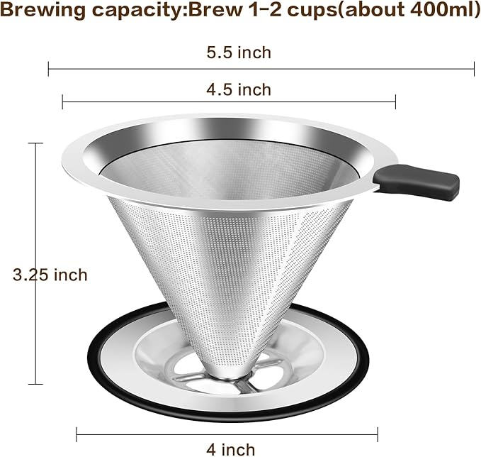 Pour Over Coffee Dripper, Stainless Steel Coffee Filter, Paperless Reusable Coffee Filter, Double Micromesh 600 Mesh Strainer Coffee Maker with Heat-Resistant Silicone Handle & Base