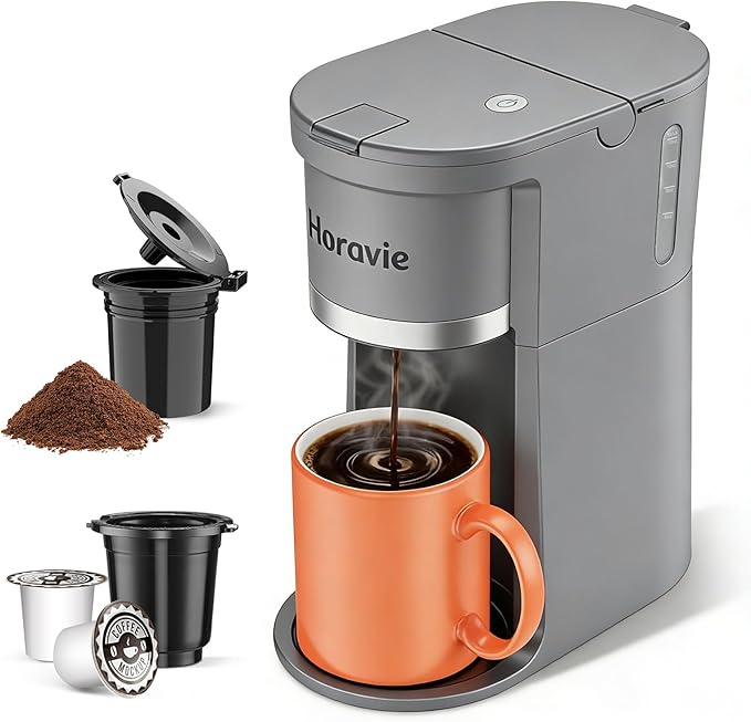 Small Single Serve Coffee Maker, 2 in 1 Fast Brew One Cup Coffee Machine, 6 to 12 oz. Brew Sizes, Capsule Coffee Machine with Descaling Reminder, Fits 5.5" Mug, Grey