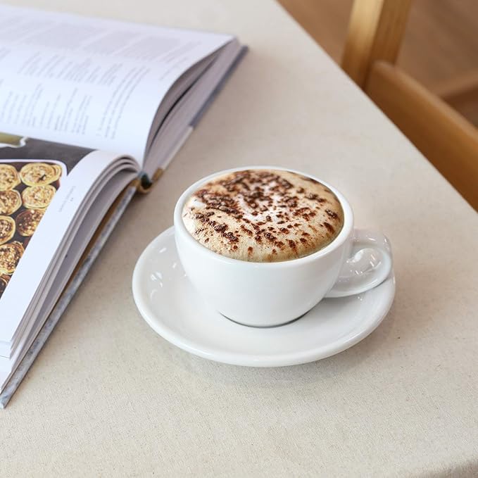 LE TAUCI Cappuccino Cups with Saucers 6 oz, Set of 4 Ceramic Coffee Cup and Saucer Set for Latte, Au Lait, Flat White, Mocha, Tea, Embossed Coffee Cups, White