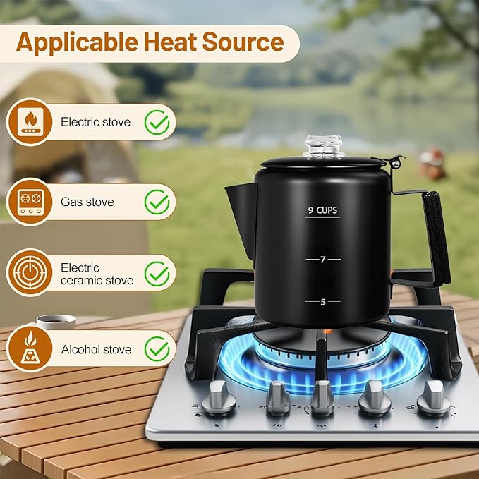 No Coating 9 Cup Percolator Coffee Pot 304 Stainless Steel Moka Pot Stovetop Espresso Maker Italian Greca Cuban Machine 1500ml 50.7oz Suitable for Gas Induction Stovetop Camping Kettle