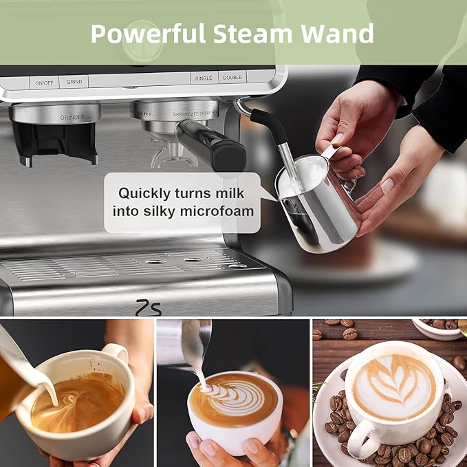 Espresso Machine With Grinder, 20 Bar Professional Coffee Maker With Milk Frother Steam Wand for Cappuccino, Latte, Macchiato, 95 oz Removable Water Tank, Smart PID Temperature Control,Gray