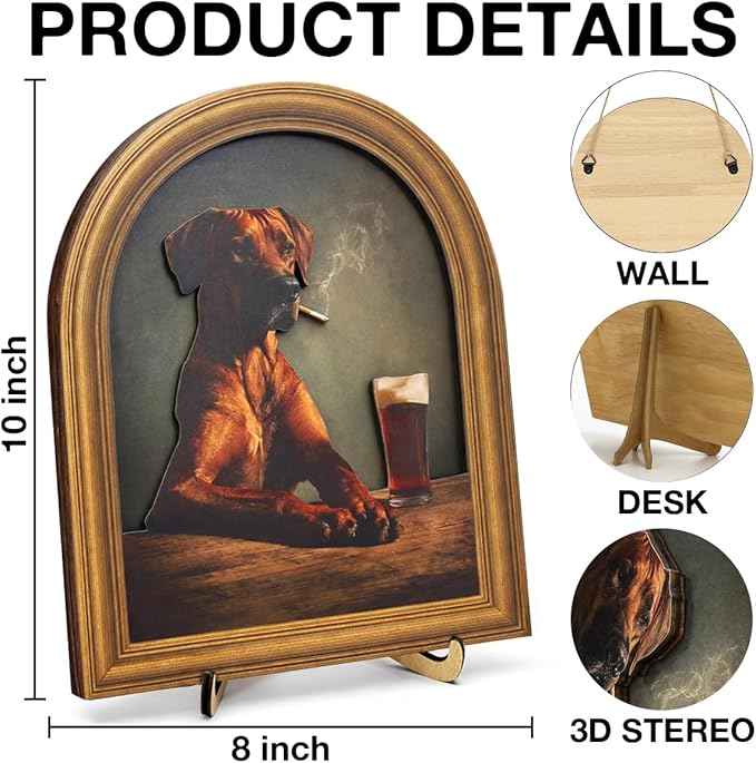 3D Funny Dog Drinking Beer Wall Art Sign for Pub Bar Decor, Vintage Tipsy Dog Portrait, 8x10 Inch