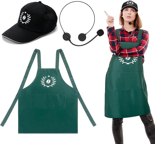 Liitrsh Barista Apron Halloween Costume with Hat and Microphone Green Coffee Theme Adult Outfits with Logo for Man Women Kitchen Cooking Halloween Adult by Liitrsh