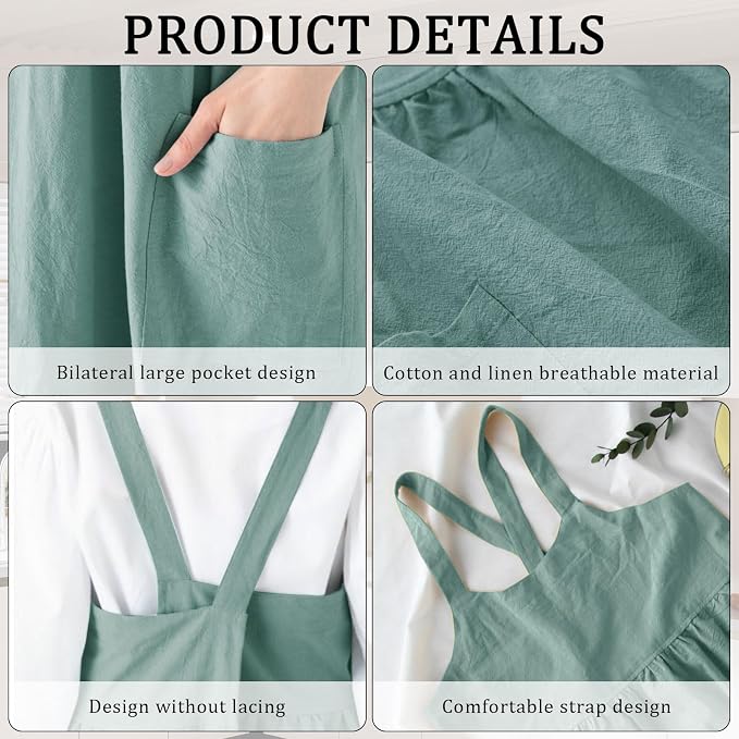 Cotton Linen Cross Back pinafore Apron Dress for Women with Pockets for Cooking Cleaning - Crossback Apron - Turquoise - without Waist Ties - Image 6