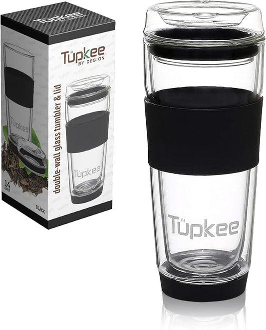 Tupkee Double Wall Glass Tumbler - 14-Ounce, All Glass Reusable Insulated Tea/Coffee Mug & Lid, Hand Blown Travel Mug - Black
