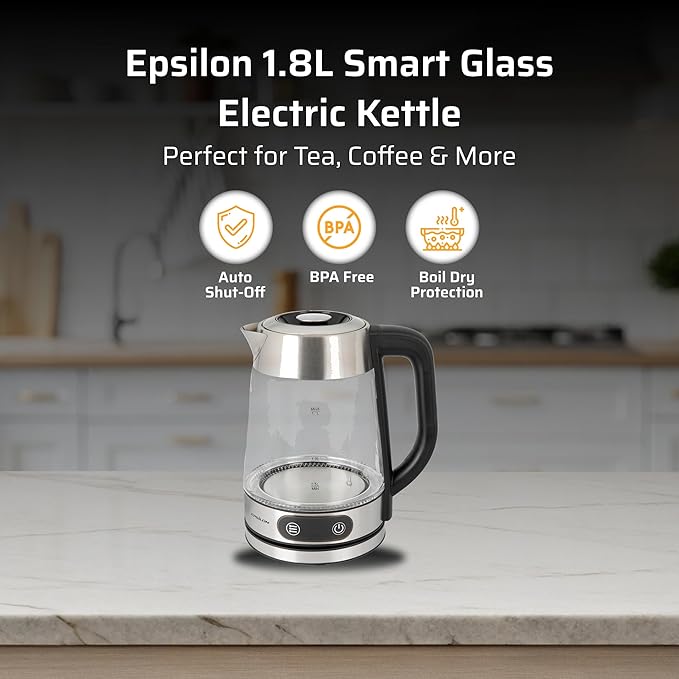 Epsilon 1.8L Glass Electric Kettle – Hot Water Tea Kettle with Borosilicate Glass & Stainless Steel, Auto Shut-Off, Fast Boil 1100W Electric Teapot, BPA-Free, Cool Touch Base