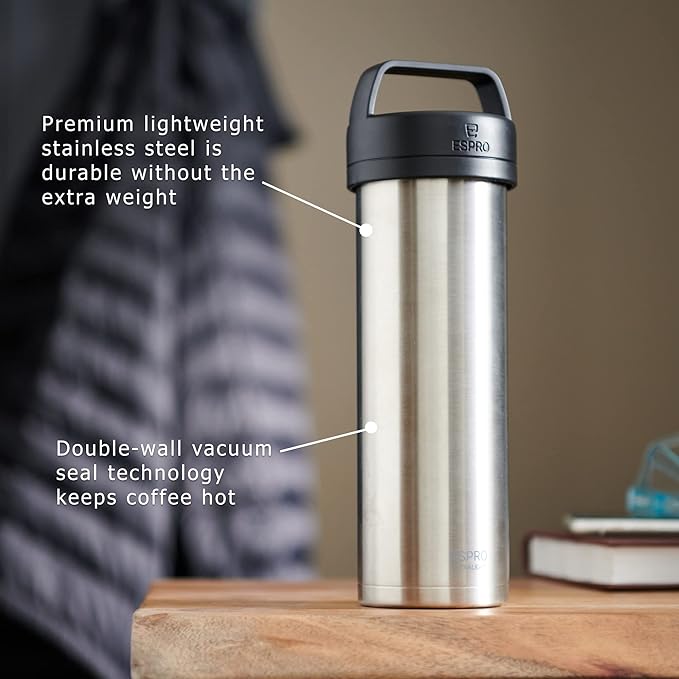 ESPRO P0 Ultralight French Press Coffee Maker for Travel, Vacuum Insulated Stainless Steel, 16 Ounces, Brushed Stainless Steel