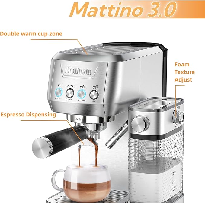 MAttinata Cappuccino Machine 20 Bar, Professional Espresso Machines for Home and Office with Automatic Milk Frothering System, Barista Compact Latte Maker for Coffee Lovers, Stainless Steel-Mattino