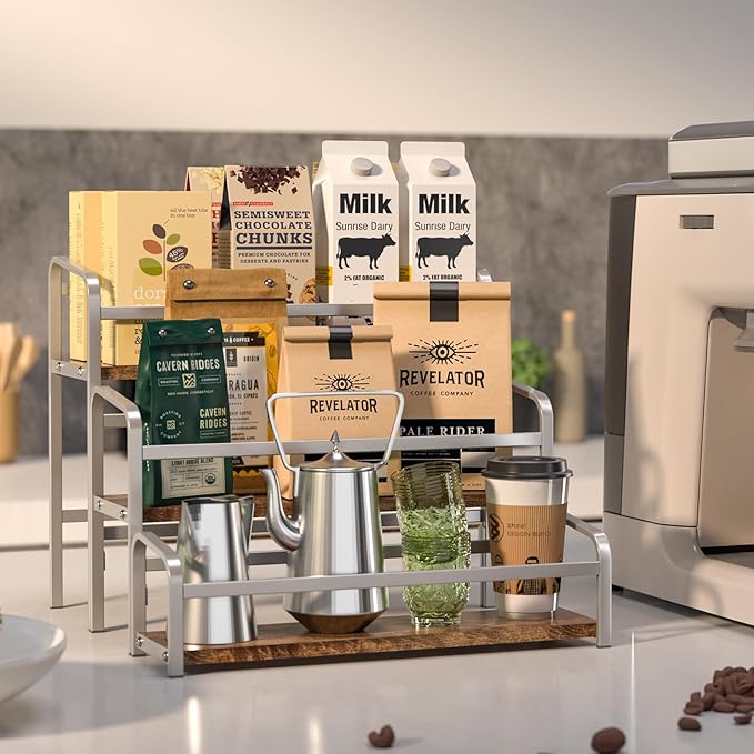 DTUQYX Coffee Syrup Organizer 3-Tier, 12 Bottles Capacity Coffee Syrup Rack, Syrup Stand for Spice, Wine, Liquor, Bottle, Coffee Bar Station Racks Magnetic, No Installation (Dark-Colored Wood, Grey)