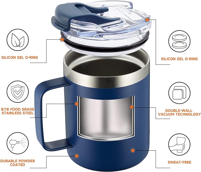 ALOUFEA 12oz Stainless Steel Insulated Coffee Mug with Handle, Double Wall Vacuum Tumbler Cup with Fliping Lid, Navy, 4 Pack