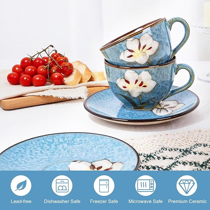 8 Oz Floral Porcelain Cappuccino Cups with Saucers Set of 4, Stoneware Tea Coffee Mugs for Home Kitchen & Office, Dishwasher Microwave Oven Safe, for Espresso, Latte, Americano, Milk & Tea, Blue