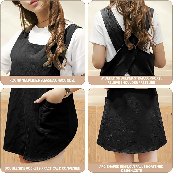 Shortened Design Apron, Japanese Style Soft Cotton Linen Apron with Two Side Pockets, X Cross Halter Aprons, Kitchen Cooking Clothes Present for Women DIY Project, Crafting, Cooking, Baking(Black) - Image 3