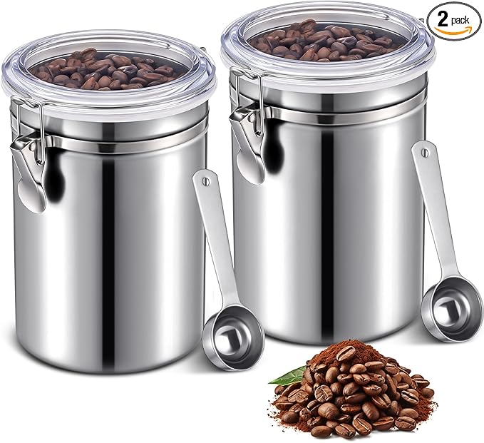 Suclain 2 Pack 64oz Stainless Steel Coffee Canister for Kitchen Airtight Coffee Bean Grounds Storage with 2 Measuring Spoons Large Metal Food Storage Canisters with Lid for Tea Cereal Sugar Flour