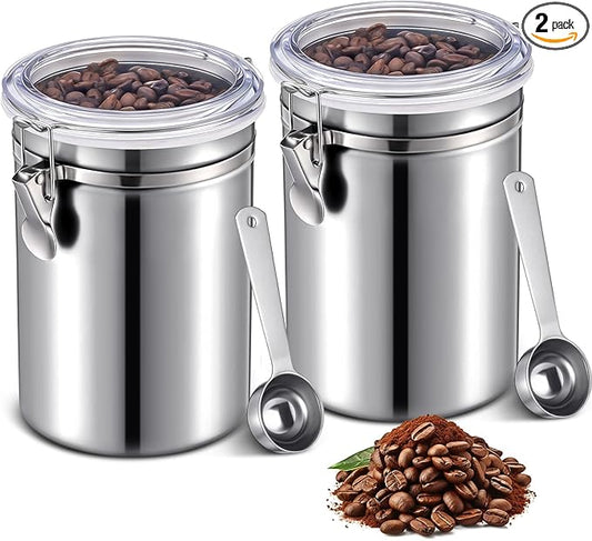 Suclain 2 Pack 64oz Stainless Steel Coffee Canister for Kitchen Airtight Coffee Bean Grounds Storage with 2 Measuring Spoons Large Metal Food Storage Canisters with Lid for Tea Cereal Sugar Flour
