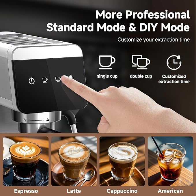 AMZCHEF Espresso Coffee Machine | Compact Design Espresso Maker Perfect for Home & Office | 20 Bar Pressure System | LED Touch Panel | Detachable Water Tank | Brushed Stainless Steel Housing
