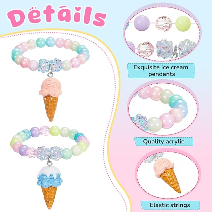 Ecally 12 Pcs Ice Cream Party Favors Beaded Bracelet Bulk Ice Cream Bracelet Decorations for Summer Party Supplies Pendant Accessories Supplies