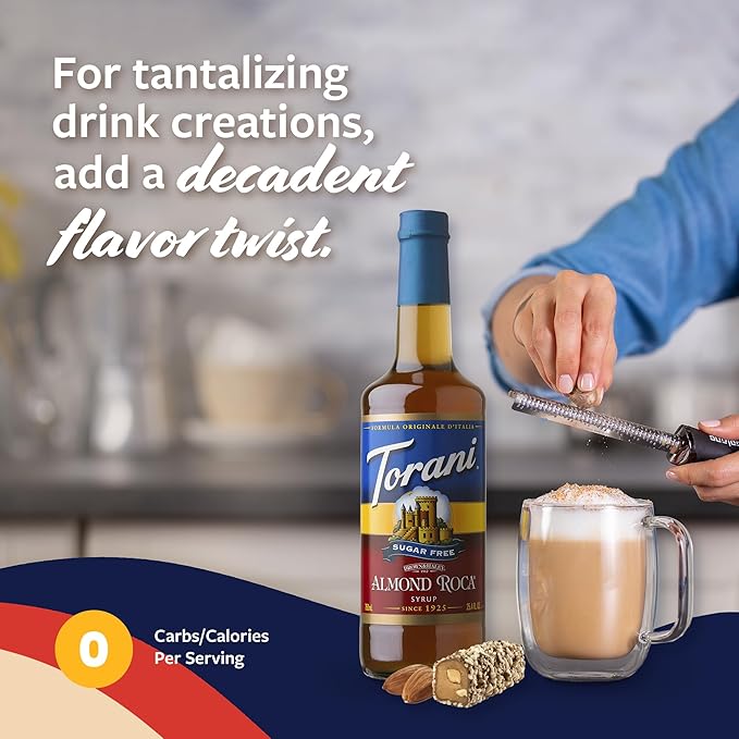 Torani Sugar Free Coffee Syrup, Almond Roca Flavoring for Drinks, Zero Calorie, Glass Bottle with Pump Included, 25.4 Fl Oz