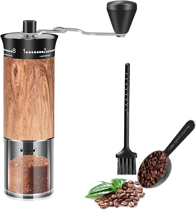 Manual Coffee Grinder with Externally Adjustable 56 Precise Grind Settings,Foldable Long Handle,Wood Grain Body & Ceramic Burr, Portable Coffee Bean Grinder for Espresso,Pour Over,French Press,Travel