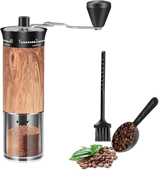 Manual Coffee Grinder with Externally Adjustable 56 Precise Grind Settings,Foldable Long Handle,Wood Grain Body & Ceramic Burr, Portable Coffee Bean Grinder for Espresso,Pour Over,French Press,Travel
