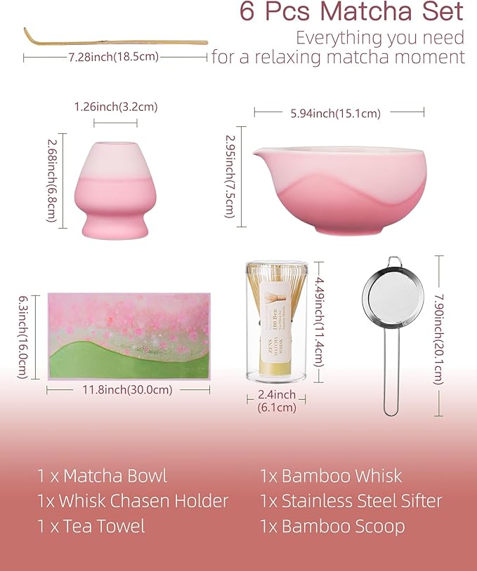 ZENS Matcha Whisk Set, Ceramic Matcha Kit Set Includes Matcha Bowl, Matcha Whisk and Holder, Bamboo Scoop & Holder, 304 Sifter and Tea Mat - 6Pcs Matcha Kit for Matcha Lovers-Pink