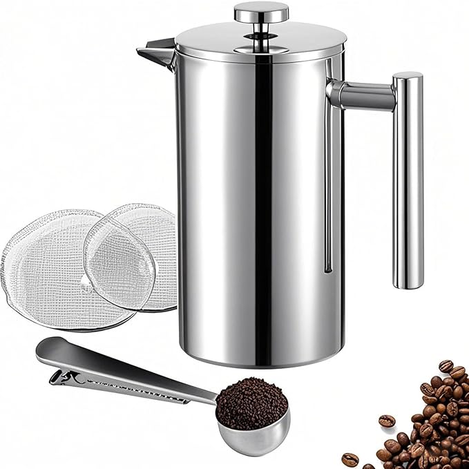 Small French Press 350ml Coffee Maker, Double-Wall Insulated French Press Coffee Press Stainless Steel, Included 2 Extra Fliters and 1 Coffee Spoon (1 cup, 12 OZ)