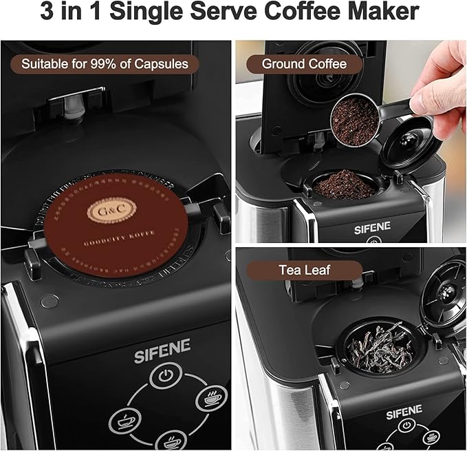 SIFENE 3-in-1 Pod Coffee Machine KC101 - Single Serve Coffee Maker - Quick Brew for Pods, Ground Coffee, Tea, Black