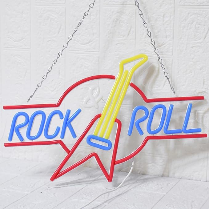 Rock Roll Neon Sign Guitar Neon Sign Led Neon Light for Wall Decor USB Powered Dimmable Music Neon Light for Bar Bedroom Music Studio Vocal Recital Concert Man Cave