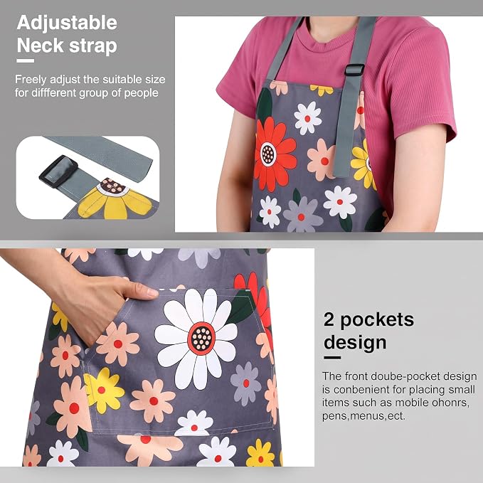 BOUMUSOE 3 Pack Floral Aprons with Pocket, Blooming Womens Aprons | Waterproof Adjustable Cooking Aprons for Kitchen Gardening and Salon - Image 4