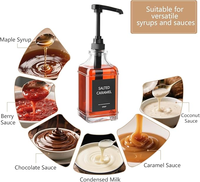 3 Pack 16.9oz (500ml) Glass Coffee Syrup Dispenser with Pump, Syrup Pump Dispenser for Coffee Bar, Coffee Syrup Bottles with Labels - Image 5