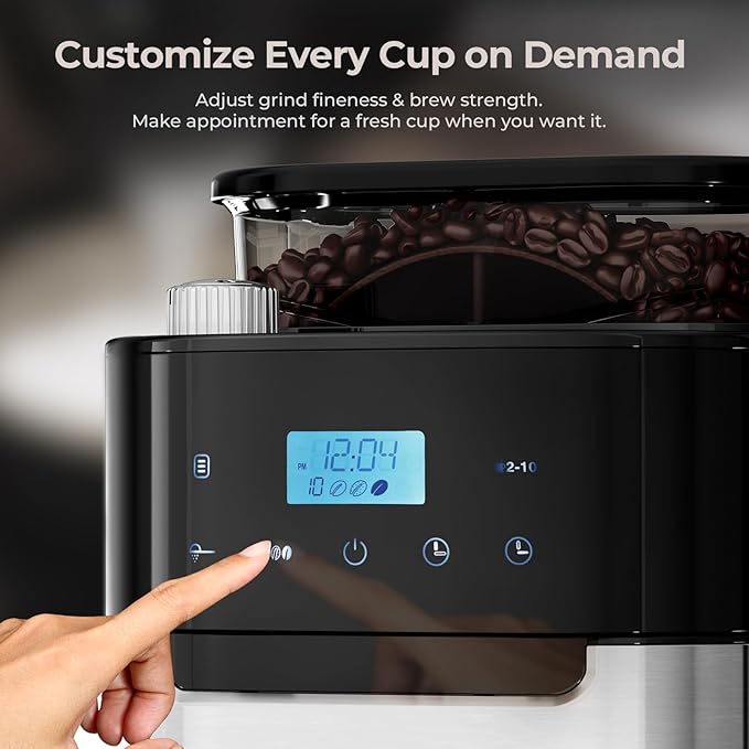 Drip Coffee Maker with Grinder Built In, 10-Cup Grind and Brew Coffee Machine Fully Automatic, Programmable with Brew Strength, Permanent Filter, Glass Carafe, 50oz Water Tank, Ideal for Home/Office