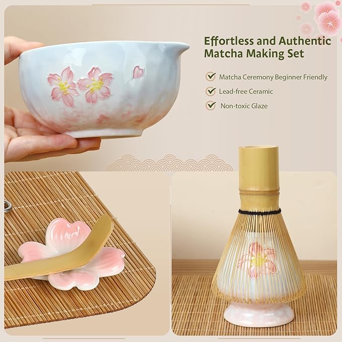 Matcha Whisk Set with Tray 8pcs, Matcha Kit includes Matcha Bowl, Matcha Whisk (Chasen), Whisk Holder, Scoop(Chashaku), Bamboo Placemat, Sifter, Tea Cloth Chakin，Blue & Pink