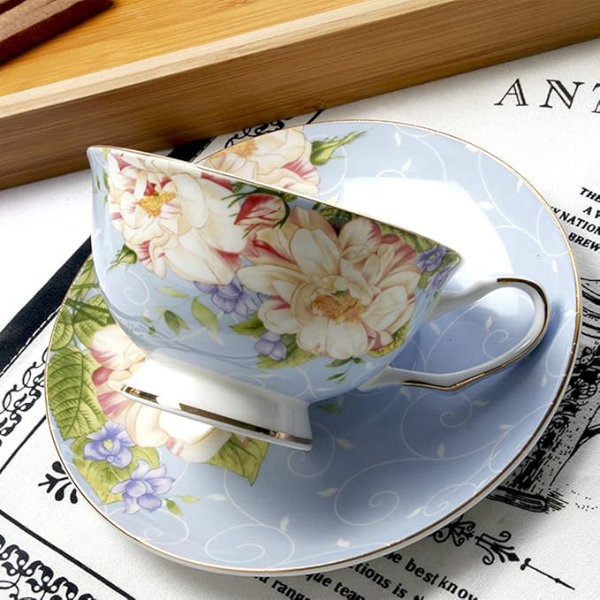 Blue Tea Cup,Floral Tea Cup and Saucer Set,Bone China Tea Set,Coffee Cup,Tea Set for Adults/Friends/Women/Men,7OZ