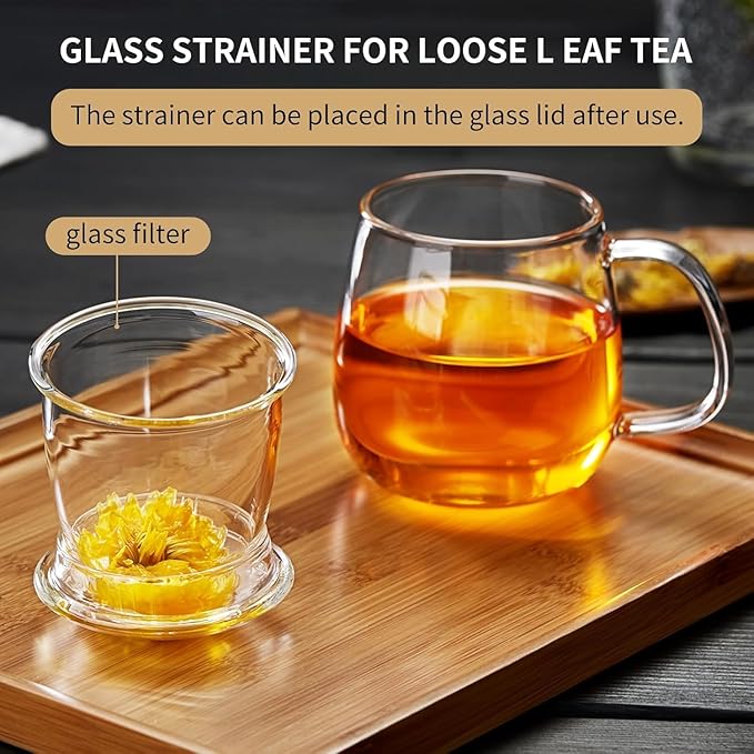 Large Glass Tea Cup, 34 oz Borosilicate Glass Tea Mug with Infuser and Lid, 1000ML Clear Tea Cups for Brewing Scented Tea and Tea Bag.