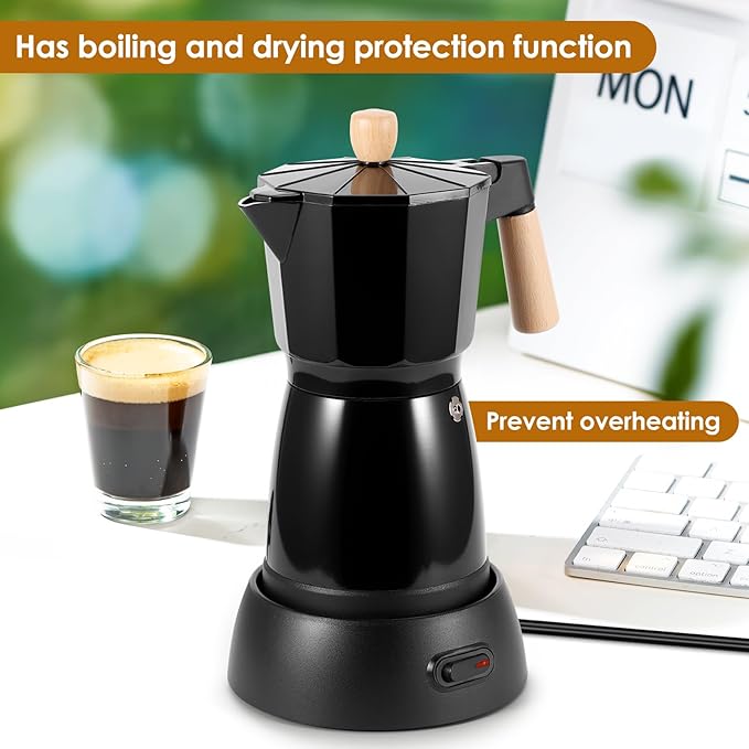 Electric Espresso Coffee Maker, 6 Cup Coffee Pot with Detachable Base Portable Aluminum Italian Moka Maker Electric Moka Pot for Home Cafe Outdoor Office